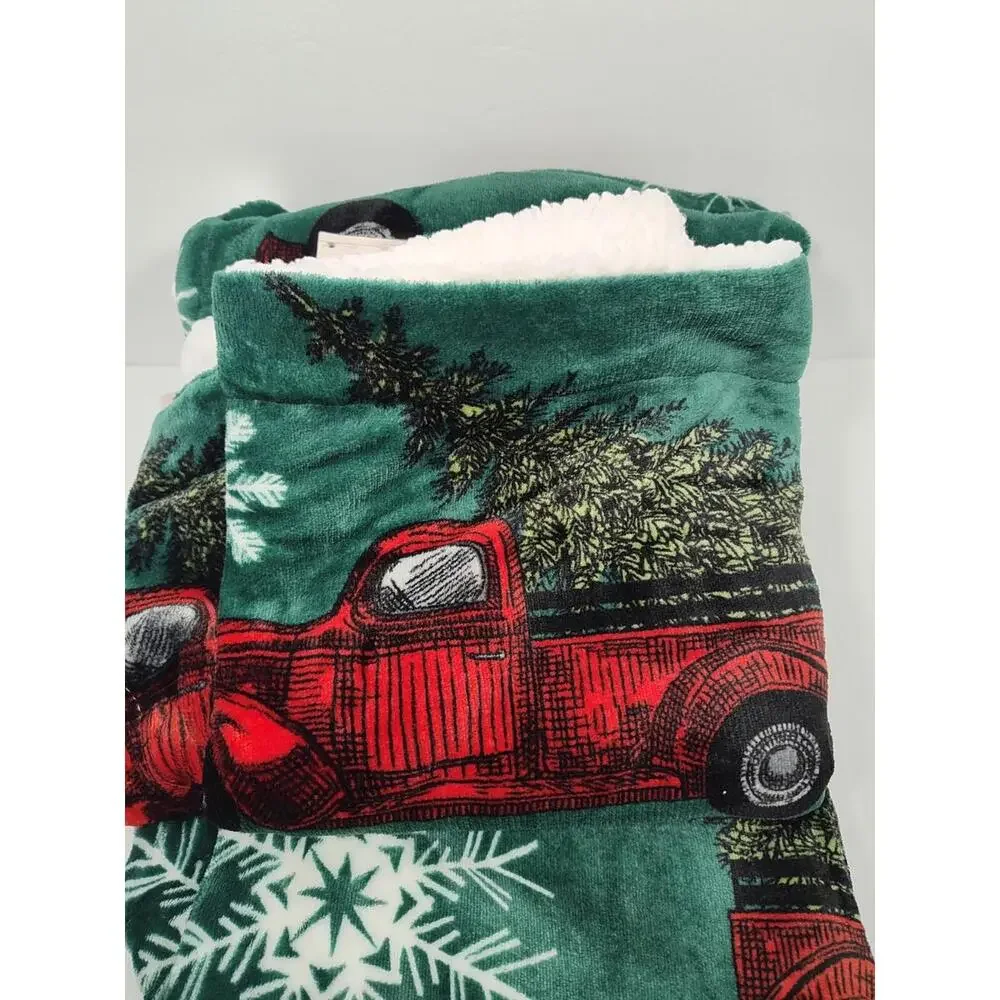 North Pole Post Office Plush NEW Sherpa Throw 50X60 Red Farm Truck Pine Tree